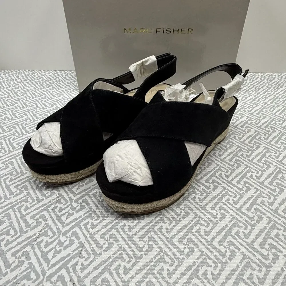 Marc Fisher Black Suede Flama Slingback Espadrille Platform Wedge Sandals 6 New